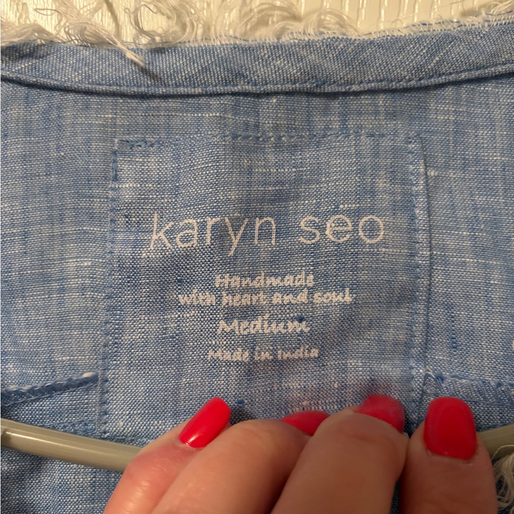 Karyn Seo Linen Embroidered V-Neck Raw Hem Lagenlook Tunic Dress Size Medium - Picture 7 of 12